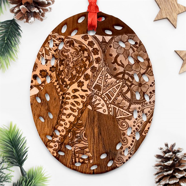 Elephant Aztec Wood Tekture Ornament (Oval Filigree)