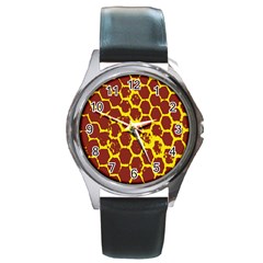 Network Grid Pattern Background Structure Yellow Round Metal Watch by Simbadda