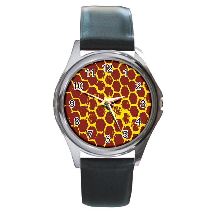 Network Grid Pattern Background Structure Yellow Round Metal Watch