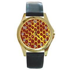 Network Grid Pattern Background Structure Yellow Round Gold Metal Watch by Simbadda