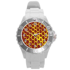 Network Grid Pattern Background Structure Yellow Round Plastic Sport Watch (l) by Simbadda