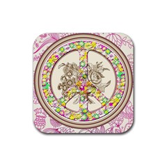 Peace Logo Floral Pattern Rubber Coaster (square)  by Simbadda