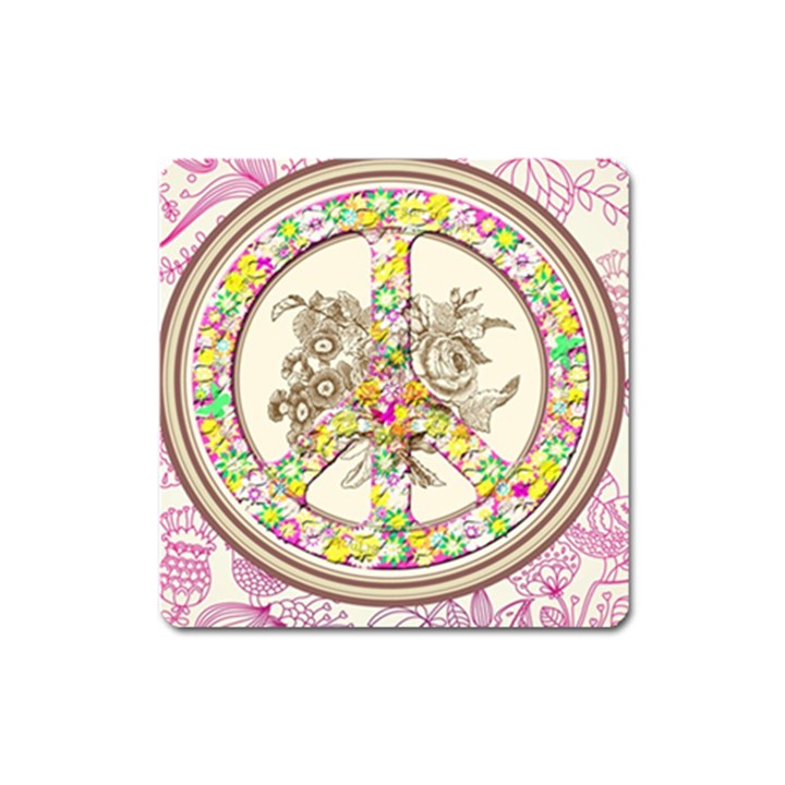 Peace Logo Floral Pattern Square Magnet