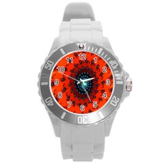 Red Fractal Spiral Round Plastic Sport Watch (l) by Simbadda