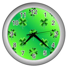 Shamrock Green Pattern Design Wall Clocks (silver)  by Simbadda