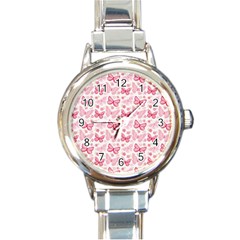 Cute Pink Flowers And Butterflies Pattern  Round Italian Charm Watch by TastefulDesigns