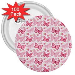 Cute Pink Flowers And Butterflies Pattern  3  Buttons (100 Pack)  by TastefulDesigns