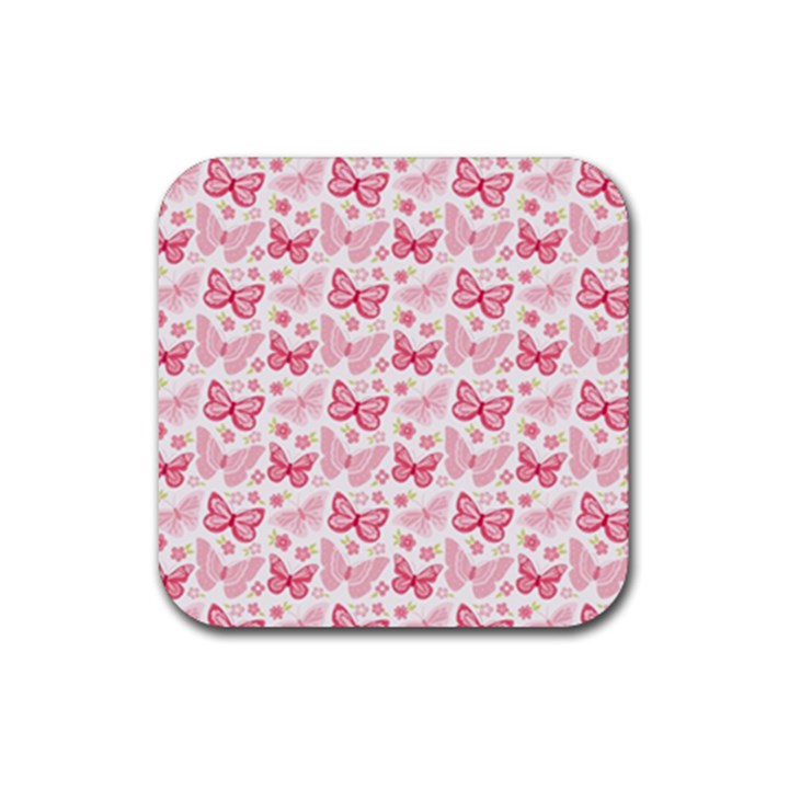 Cute Pink Flowers And Butterflies pattern  Rubber Coaster (Square) 