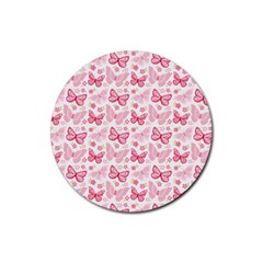 Cute Pink Flowers And Butterflies Pattern  Rubber Coaster (round)  by TastefulDesigns