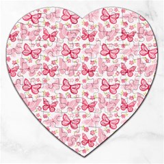 Cute Pink Flowers And Butterflies Pattern  Jigsaw Puzzle (heart) by TastefulDesigns