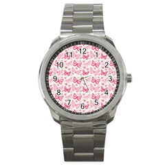 Cute Pink Flowers And Butterflies Pattern  Sport Metal Watch by TastefulDesigns