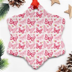 Cute Pink Flowers And Butterflies Pattern  Snowflake Ornament (two Sides) by TastefulDesigns