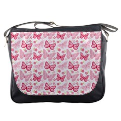 Cute Pink Flowers And Butterflies Pattern  Messenger Bags by TastefulDesigns