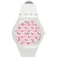 Cute Pink Flowers And Butterflies Pattern  Round Plastic Sport Watch (m) by TastefulDesigns