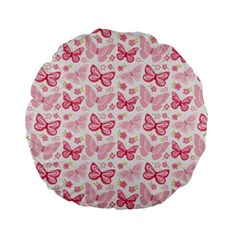 Cute Pink Flowers And Butterflies Pattern  Standard 15  Premium Round Cushions by TastefulDesigns