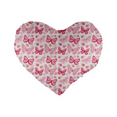 Cute Pink Flowers And Butterflies Pattern  Standard 16  Premium Heart Shape Cushions by TastefulDesigns