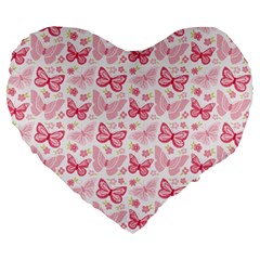 Cute Pink Flowers And Butterflies Pattern  Large 19  Premium Heart Shape Cushions by TastefulDesigns