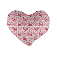 Cute Pink Flowers And Butterflies Pattern  Standard 16  Premium Flano Heart Shape Cushions by TastefulDesigns