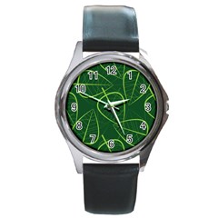 Vector Seamless Green Leaf Pattern Round Metal Watch by Simbadda