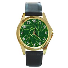 Vector Seamless Green Leaf Pattern Round Gold Metal Watch by Simbadda