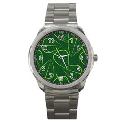 Vector Seamless Green Leaf Pattern Sport Metal Watch by Simbadda