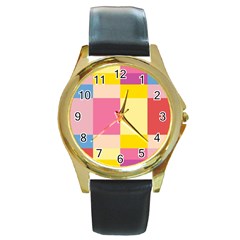 Colorful Squares Background Round Gold Metal Watch by Simbadda