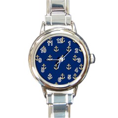 Gold Anchors On Blue Background Pattern Round Italian Charm Watch by Simbadda