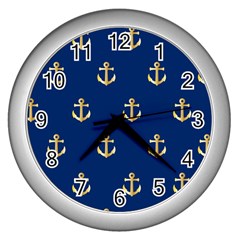 Gold Anchors On Blue Background Pattern Wall Clocks (silver)  by Simbadda