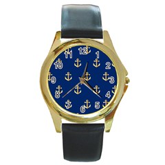 Gold Anchors On Blue Background Pattern Round Gold Metal Watch by Simbadda