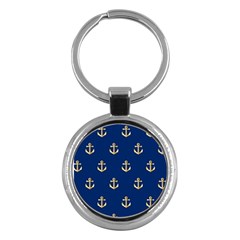 Gold Anchors On Blue Background Pattern Key Chains (round)  by Simbadda