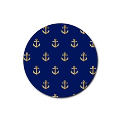 Gold Anchors On Blue Background Pattern Rubber Round Coaster (4 Pack)  by Simbadda