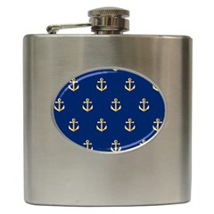 Gold Anchors On Blue Background Pattern Hip Flask (6 Oz) by Simbadda