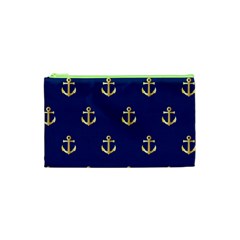 Gold Anchors On Blue Background Pattern Cosmetic Bag (xs) by Simbadda