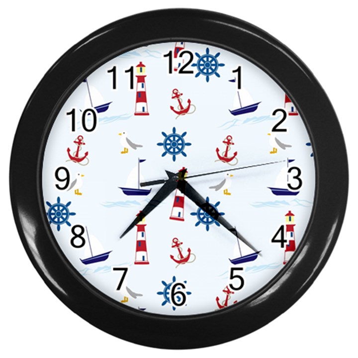 Seaside Nautical Themed Pattern Seamless Wallpaper Background Wall Clocks (Black)