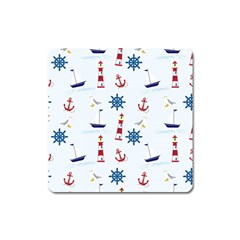 Seaside Nautical Themed Pattern Seamless Wallpaper Background Square Magnet by Simbadda