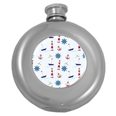 Seaside Nautical Themed Pattern Seamless Wallpaper Background Round Hip Flask (5 Oz) by Simbadda