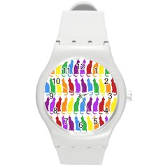 Rainbow Colorful Cats Wallpaper Pattern Round Plastic Sport Watch (m) by Simbadda