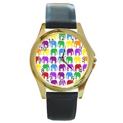 Rainbow Colors Bright Colorful Elephants Wallpaper Background Round Gold Metal Watch by Simbadda