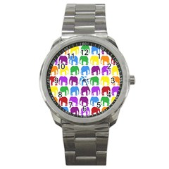 Rainbow Colors Bright Colorful Elephants Wallpaper Background Sport Metal Watch by Simbadda