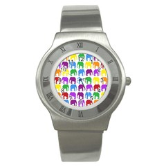 Rainbow Colors Bright Colorful Elephants Wallpaper Background Stainless Steel Watch by Simbadda