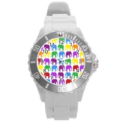 Rainbow Colors Bright Colorful Elephants Wallpaper Background Round Plastic Sport Watch (l) by Simbadda