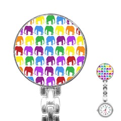 Rainbow Colors Bright Colorful Elephants Wallpaper Background Stainless Steel Nurses Watch by Simbadda