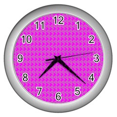 Clovers On Pink Wall Clocks (silver)  by PhotoNOLA