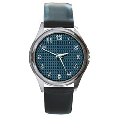 Clovers On Dark Blue Round Metal Watch by PhotoNOLA