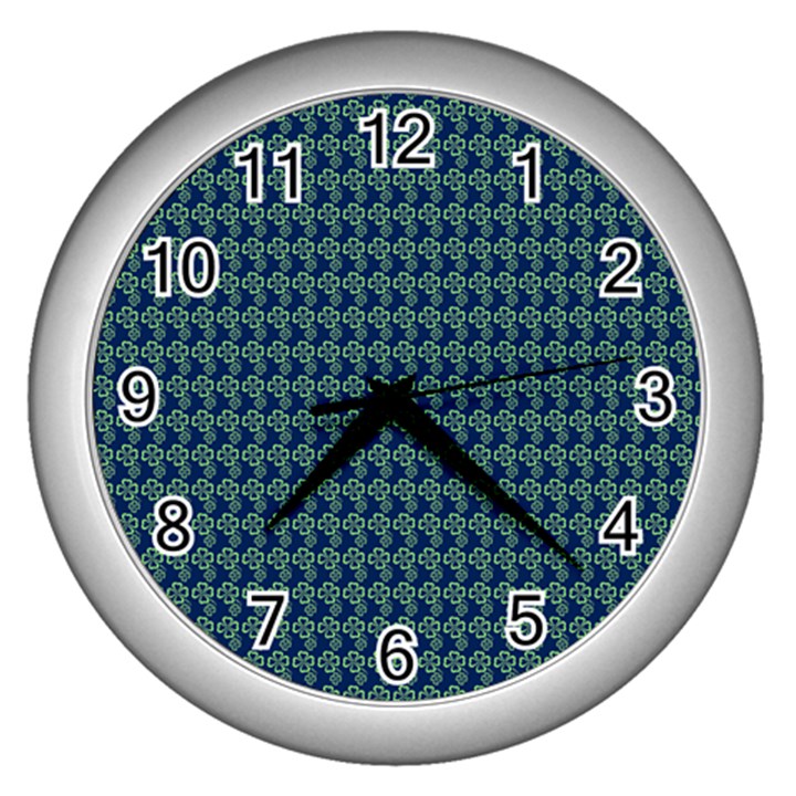 Clovers On Dark Blue Wall Clocks (Silver) 