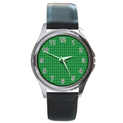 Clovers On Dark Green Round Metal Watch by PhotoNOLA