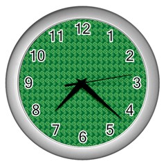 Clovers On Dark Green Wall Clocks (silver)  by PhotoNOLA