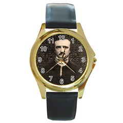 Edgar Allan Poe  Round Gold Metal Watch by Valentinaart