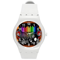 Music Pattern Round Plastic Sport Watch (m) by Simbadda