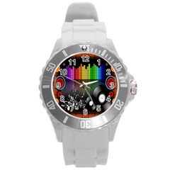 Music Pattern Round Plastic Sport Watch (l) by Simbadda